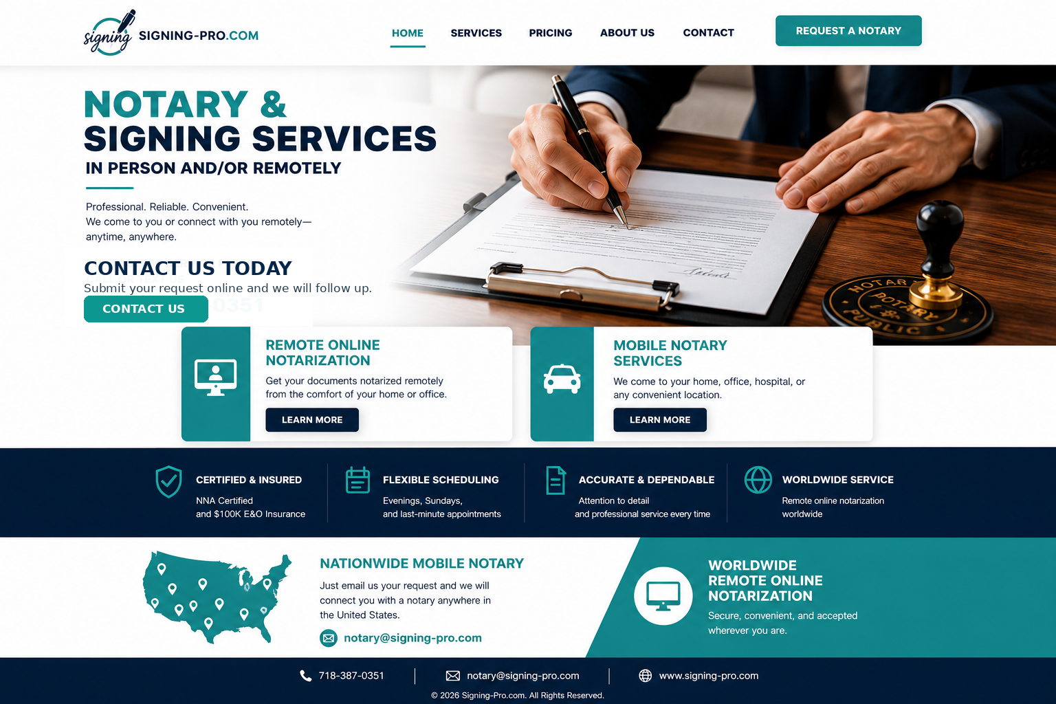 Signing Pro notary and signing services homepage with mobile and remote notarization options